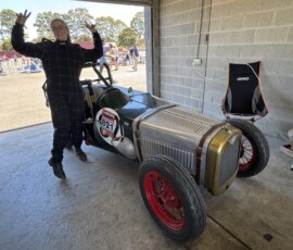 Michelle celebrating in the garage after competing in her first circuit event