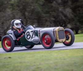 Michelle powering Fernando through turn 1 at the VSCC Rob Roy Hillclimb in 2025.