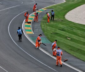 Michael using the electric broom to clean up turn 1 at the 1996 Formula 1 Grand Prix in Melbourne, Australia.